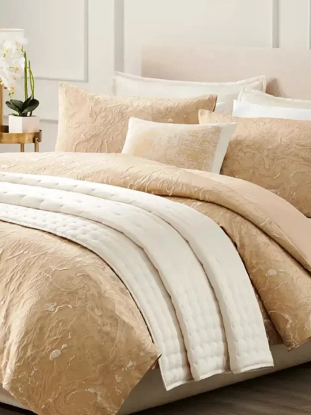 Donna Karan Liquid Marble Jacquard Gold King Duvet & 3 SHAMS NEW 4PC SET $1500